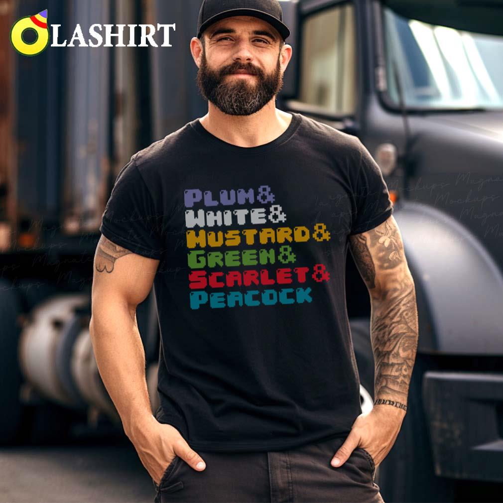 Plum White Mustard Green Scarlet Peacock Clue T-shirt