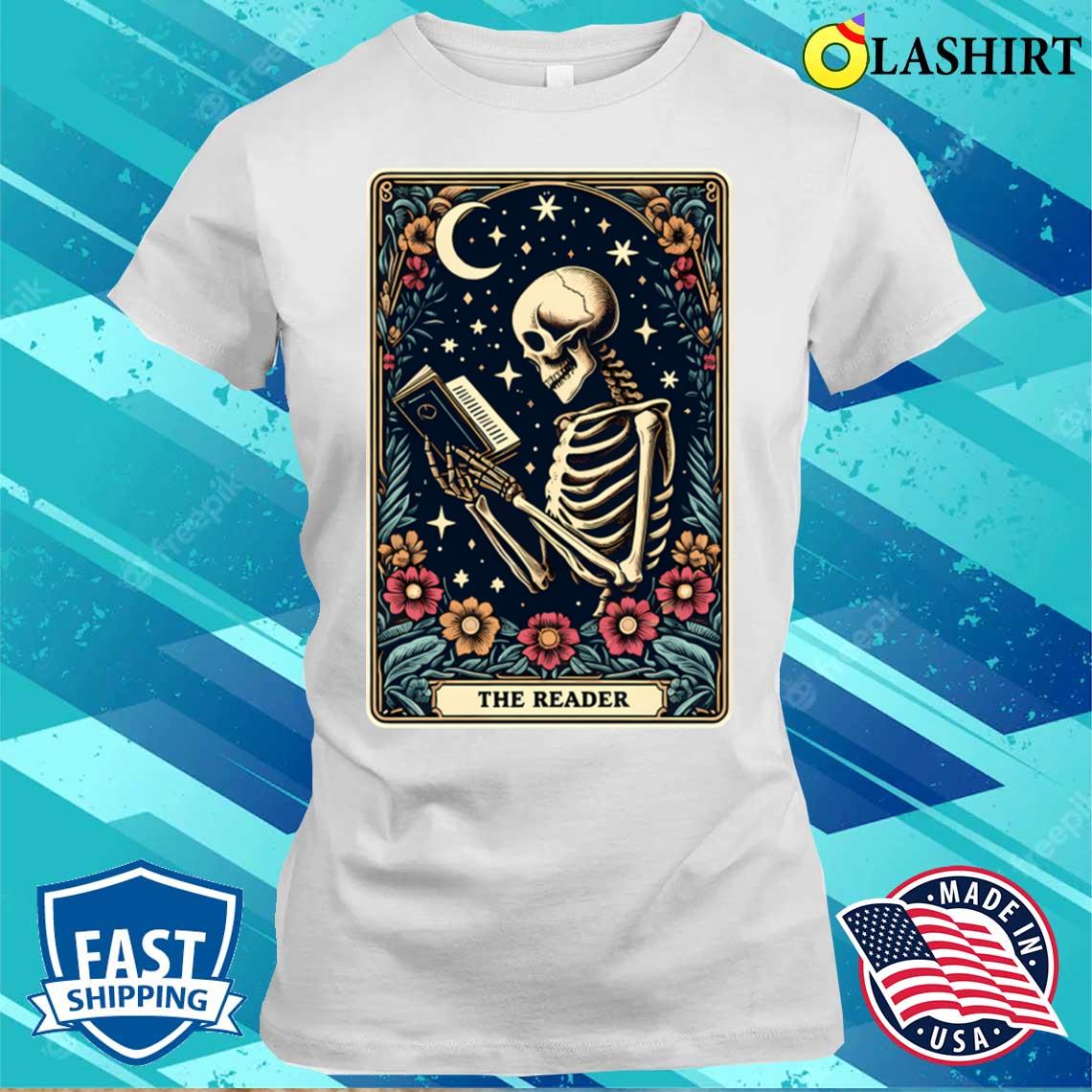 The Reader Tarot Card Skeleton Reading Book Bookworm Bookish T-shirt