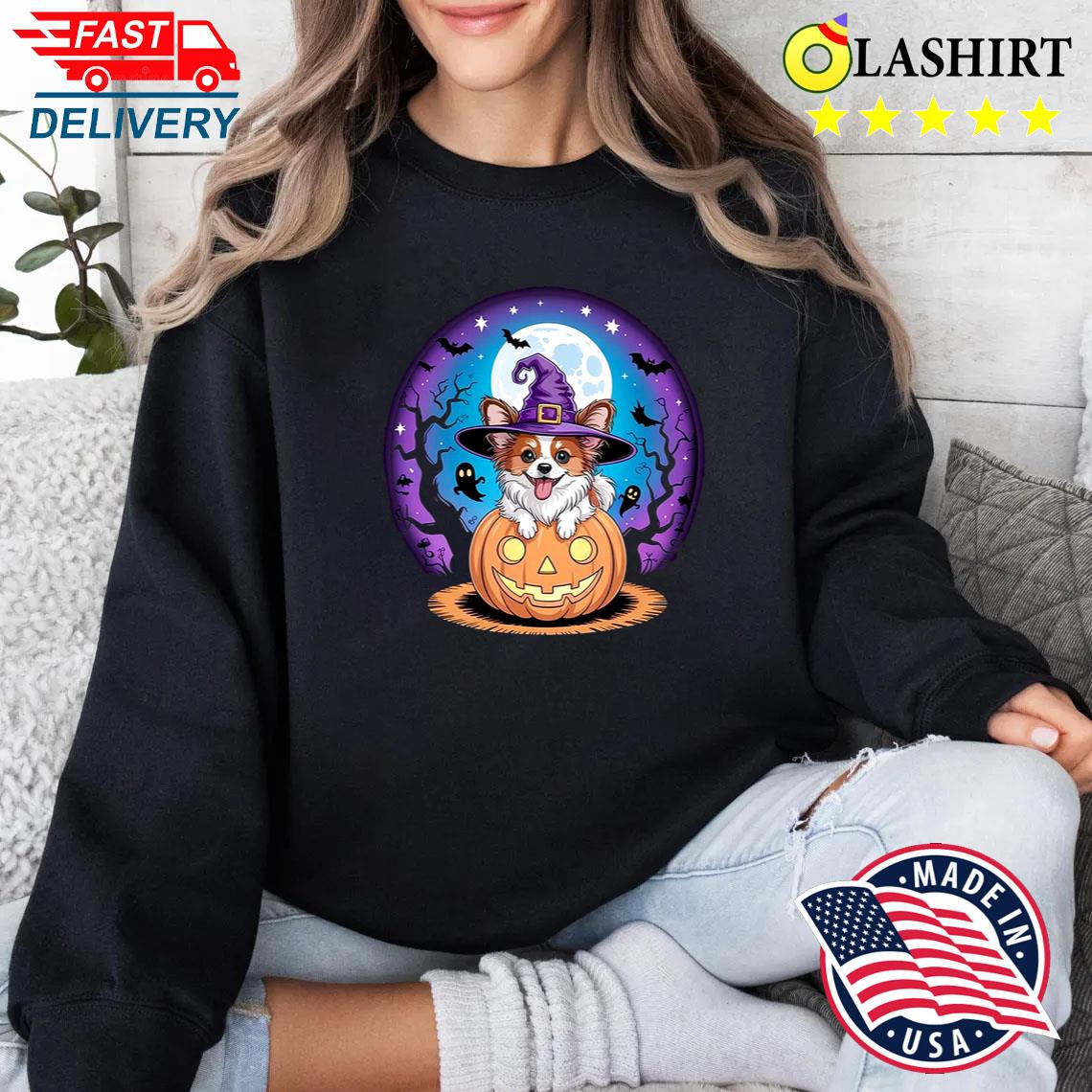 Papillon Halloween Shirt Cute Witch Dog In Pumpkin Tee Sweater Shirt